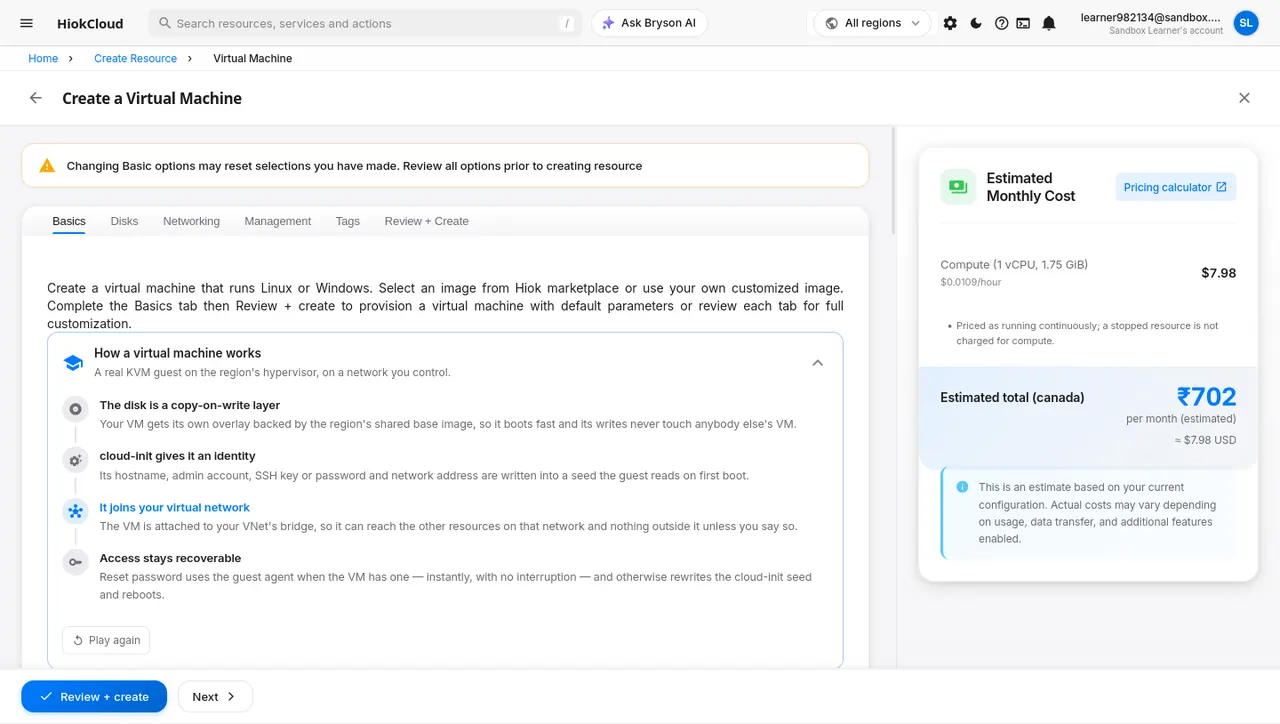 Creating a virtual machine with a live monthly cost estimate