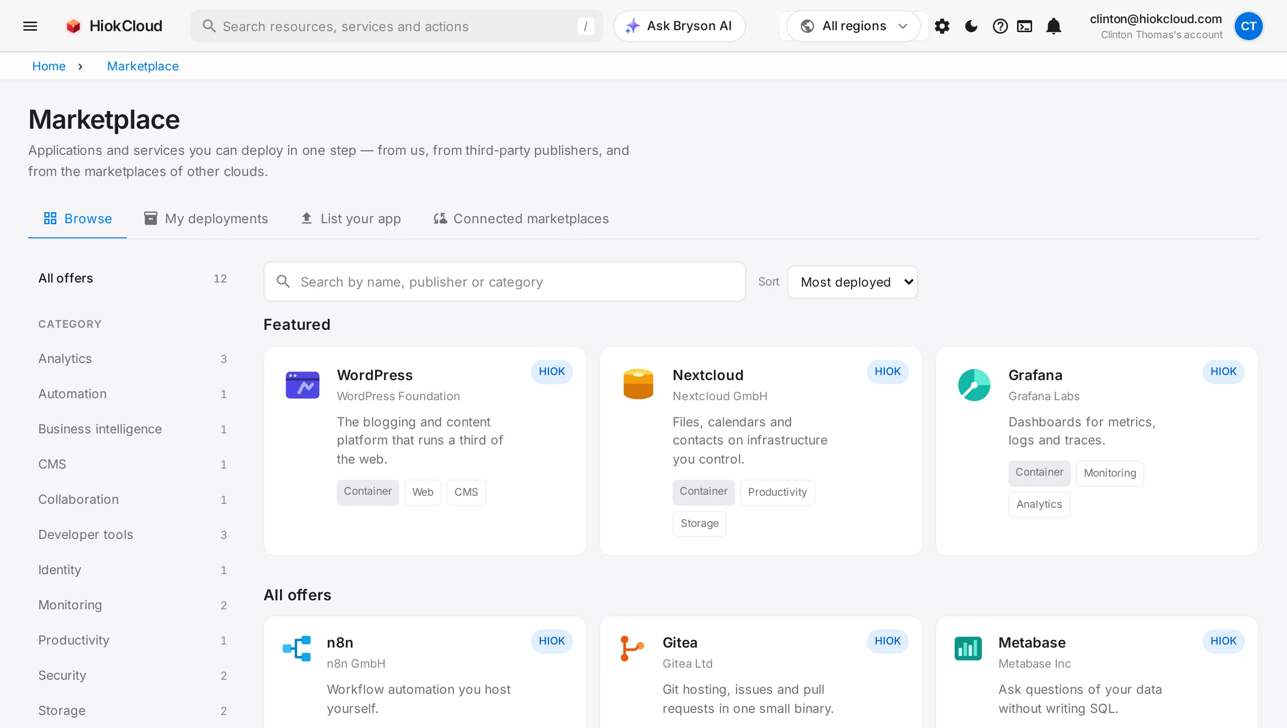 The HiokCloud marketplace: WordPress, Nextcloud, Grafana, n8n, Gitea and Metabase, deployable in one step